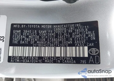 2011 Toyota Corolla Le из США, поврежденный, VIN 2T1BU4EE9BC743970